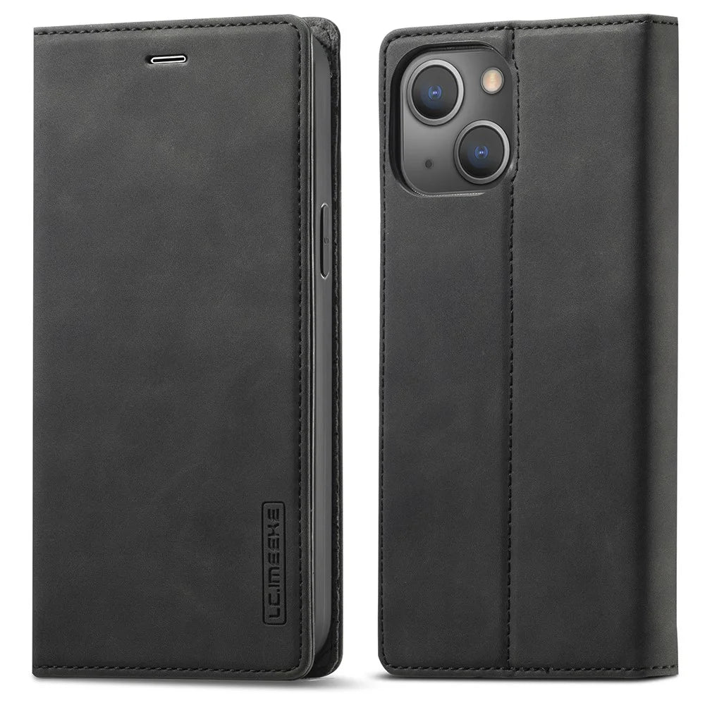 LC.IMEEKE LC Strong Magnetic Series All-round Protection PU Leather Wallet Phone Case Cover for iPhone 13 6.1 inch - Black - 1