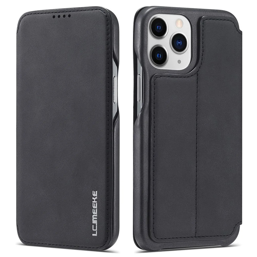 LC.IMEEKE Vintage PU Leather Case Shell with Stand and Card Slot for iPhone 13 Pro 6.1 inch - Black - 1