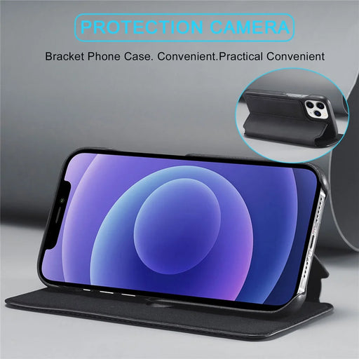 LC.IMEEKE Vintage PU Leather Case Shell with Stand and Card Slot for iPhone 13 Pro 6.1 inch - Black - 2
