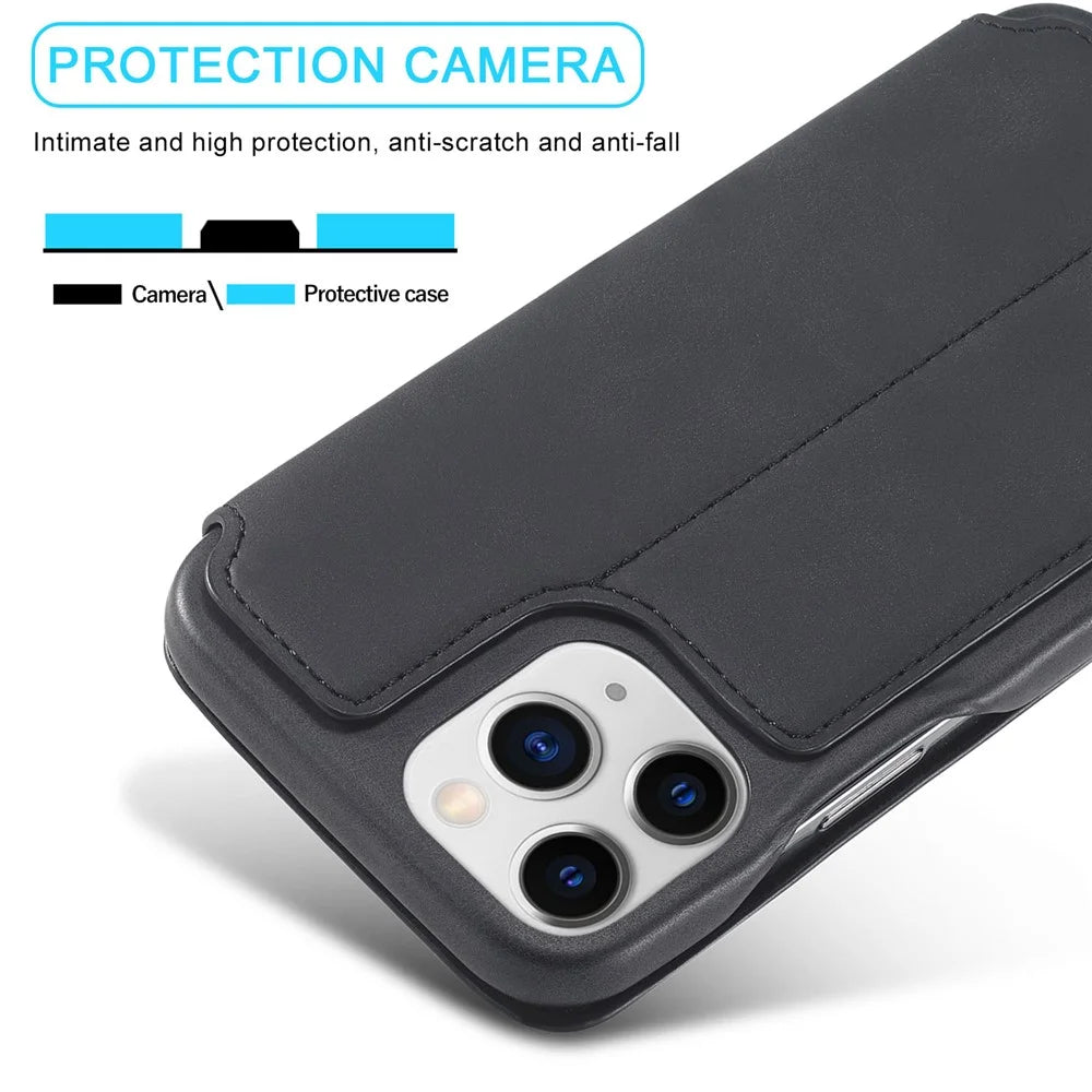 LC.IMEEKE Vintage PU Leather Case Shell with Stand and Card Slot for iPhone 13 Pro 6.1 inch - Black - 6