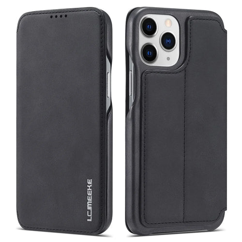 LC.IMEEKE Stand Card Slot Design Auto-absorbed Vintage Style Leather Phone Case Shell for iPhone 13 Pro Max 6.7 inch - Black - 1