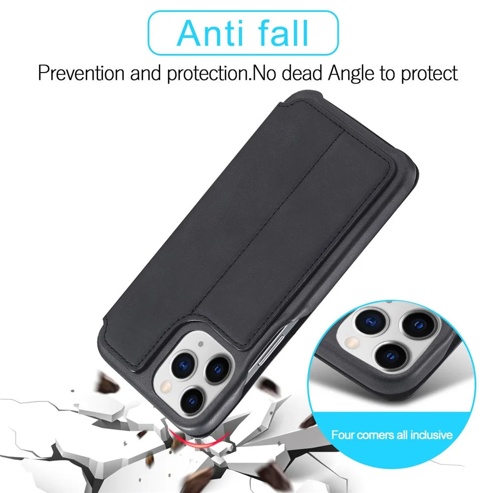 LC.IMEEKE Stand Card Slot Design Auto-absorbed Vintage Style Leather Phone Case Shell for iPhone 13 Pro Max 6.7 inch - Black - 2