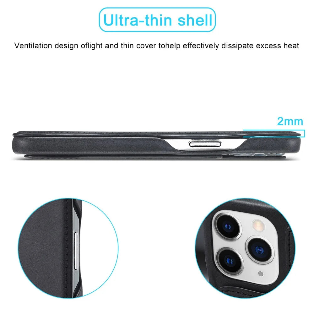 LC.IMEEKE Stand Card Slot Design Auto-absorbed Vintage Style Leather Phone Case Shell for iPhone 13 Pro Max 6.7 inch - Black - 7