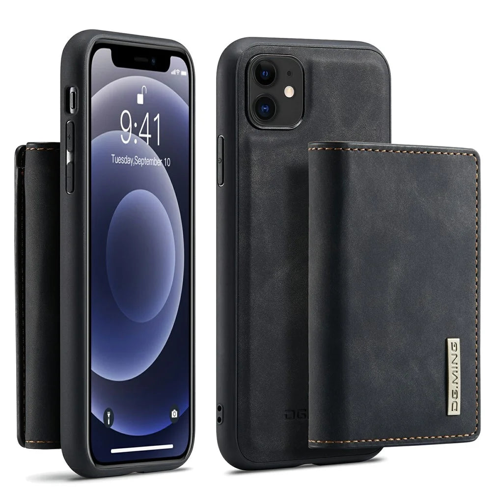 DG.MING M1 Series Phone Case PU + TPU + PC Back Cover with Magnetic Tri-Fold Wallet Kickstand for iPhone 11 6.1 inch - Black - 1