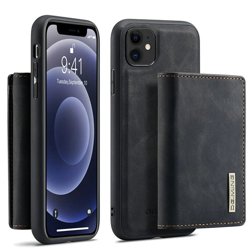 DG.MING M1 Series Phone Case PU + TPU + PC Back Cover with Magnetic Tri-Fold Wallet Kickstand for iPhone 11 6.1 inch - Black - 1