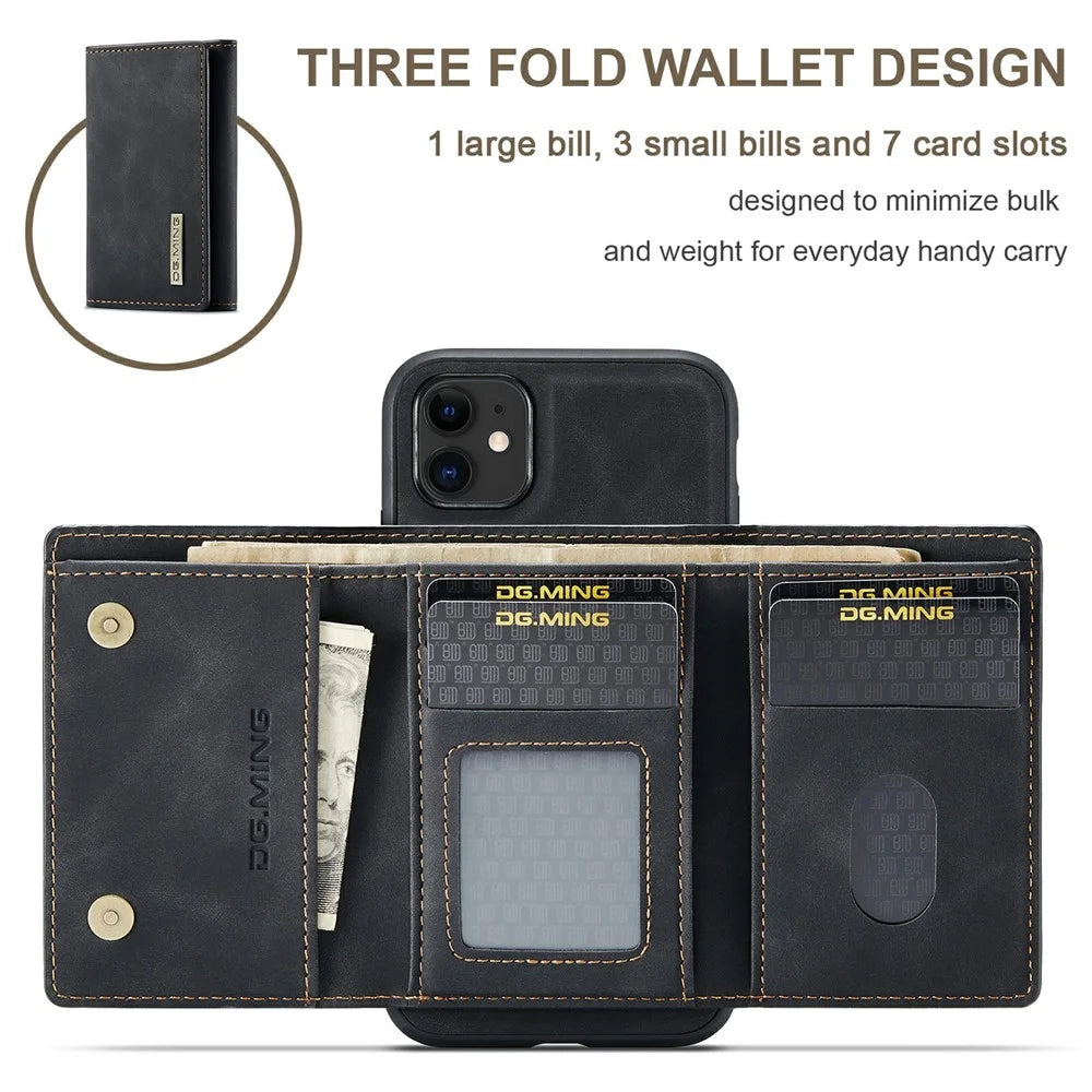 DG.MING M1 Series Phone Case PU + TPU + PC Back Cover with Magnetic Tri-Fold Wallet Kickstand for iPhone 11 6.1 inch - Black - 5