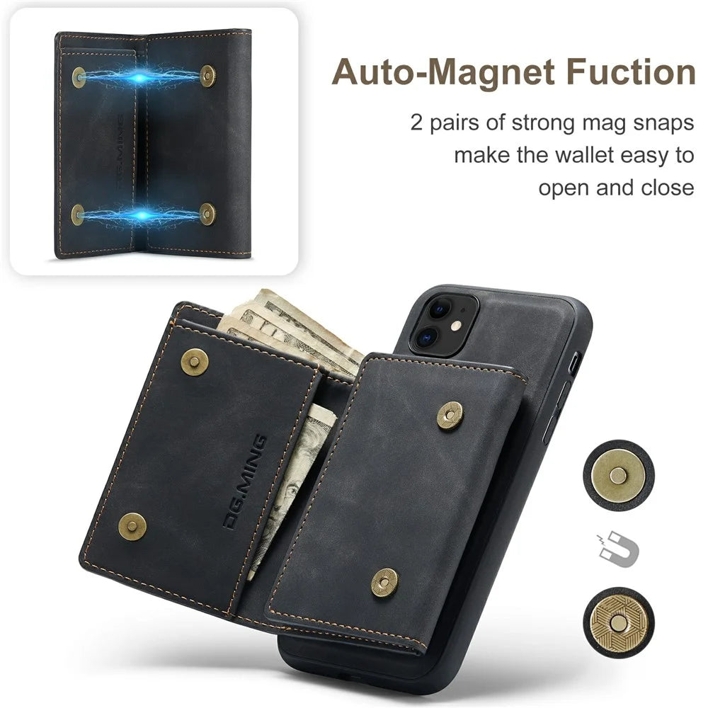 DG.MING M1 Series Phone Case PU + TPU + PC Back Cover with Magnetic Tri-Fold Wallet Kickstand for iPhone 11 6.1 inch - Black - 6