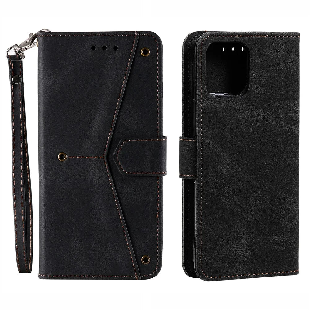 PU Leather Wallet Phone Case Rivet Decor Cover Stand Case Cover for iPhone 13 Pro 6.1 inch - Black - 1