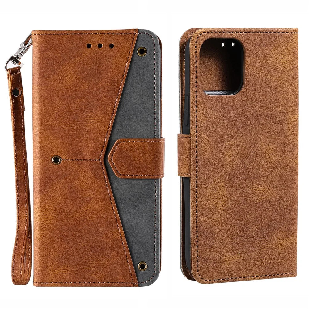 PU Leather Wallet Phone Case Rivet Decor Cover Stand Case Cover for 	iPhone 13 Pro Max 6.7 inch - Brown - 1