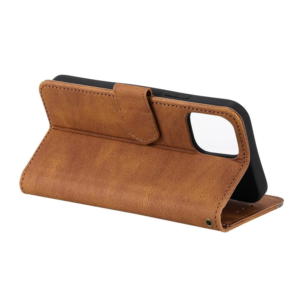 PU Leather Wallet Phone Case Rivet Decor Cover Stand Case Cover for 	iPhone 13 Pro Max 6.7 inch - Brown - 6