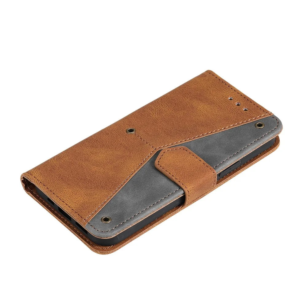 PU Leather Wallet Phone Case Rivet Decor Cover Stand Case Cover for 	iPhone 13 Pro Max 6.7 inch - Brown - 7