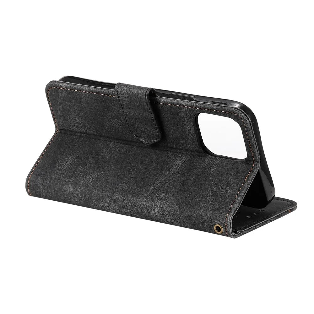 PU Leather Wallet Phone Case Rivet Decor Cover Stand Case Cover for iPhone 13 6.1 inch - Black - 6