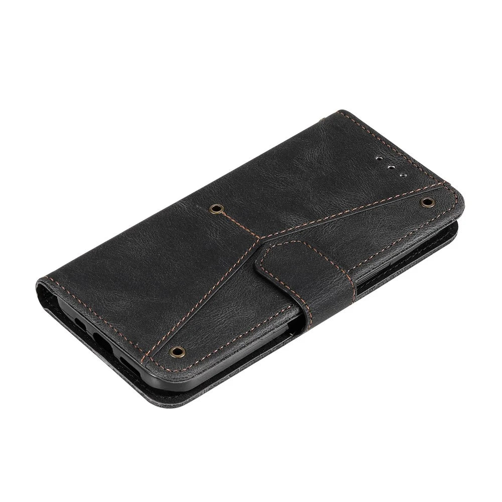 PU Leather Wallet Phone Case Rivet Decor Cover Stand Case Cover for iPhone 13 6.1 inch - Black - 7