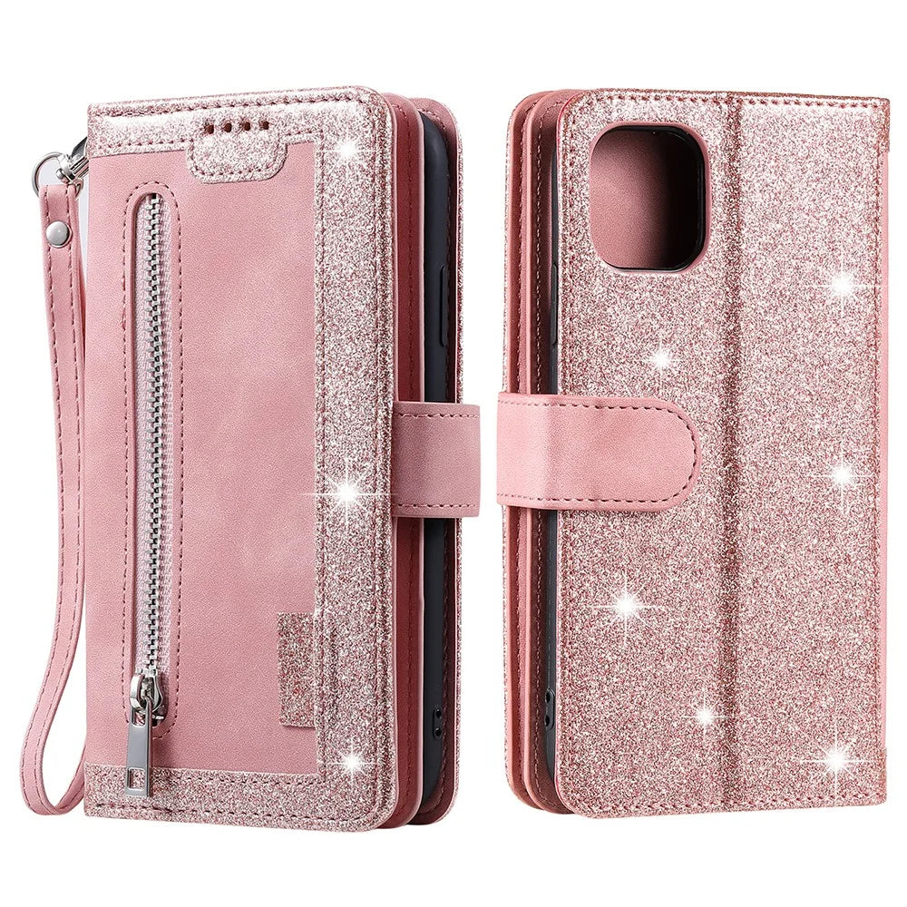 PU Leather Wallet Stand Phone Cover Shell with 9 Card Slots for iPhone 13 6.1 inch - Pink - 1