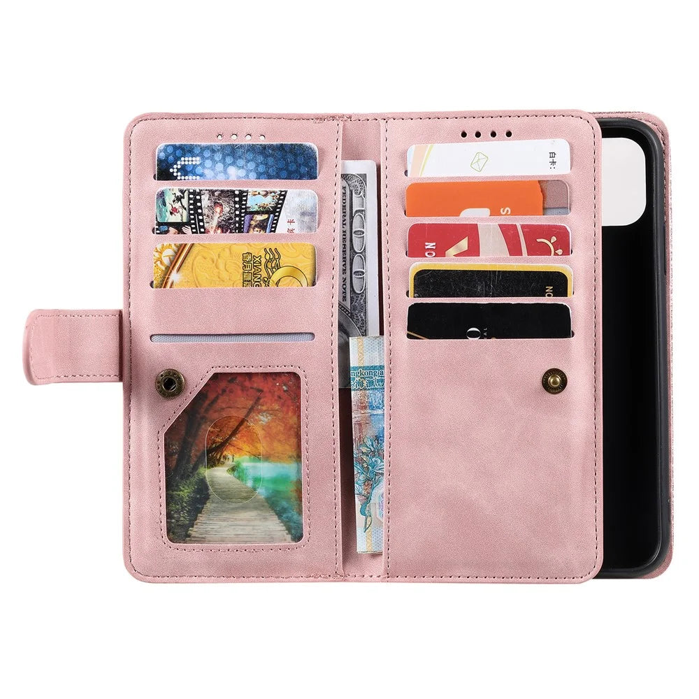 PU Leather Wallet Stand Phone Cover Shell with 9 Card Slots for iPhone 13 6.1 inch - Pink - 4