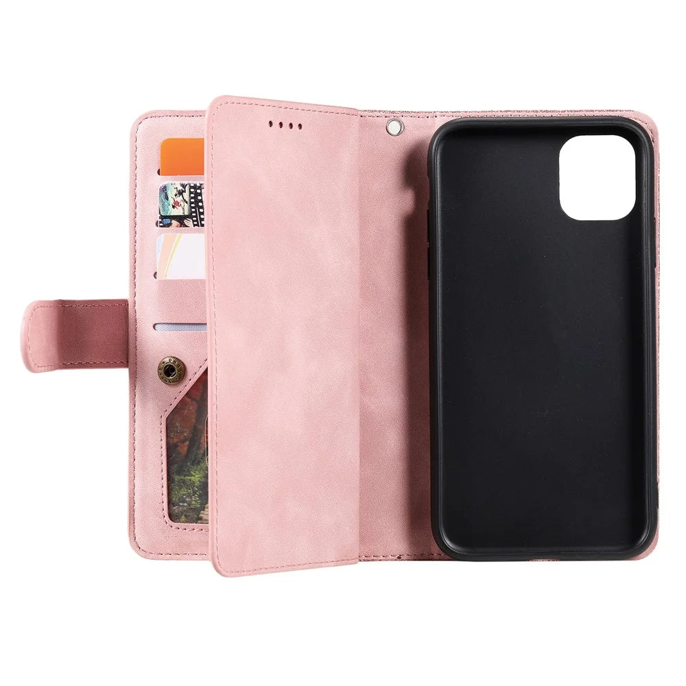 PU Leather Wallet Stand Phone Cover Shell with 9 Card Slots for iPhone 13 6.1 inch - Pink - 5
