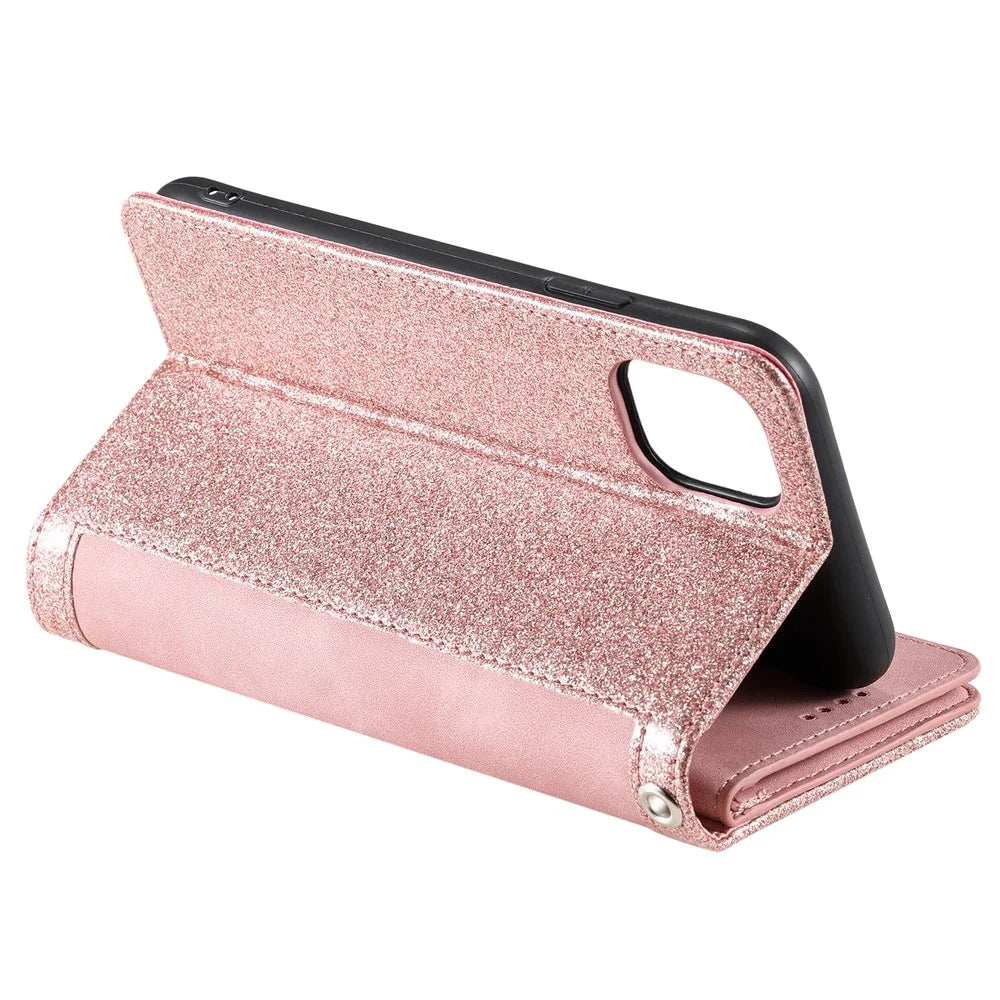 PU Leather Wallet Stand Phone Cover Shell with 9 Card Slots for iPhone 13 6.1 inch - Pink - 6