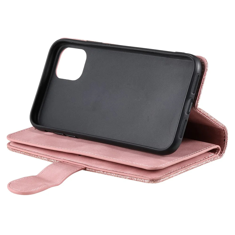 PU Leather Wallet Stand Phone Cover Shell with 9 Card Slots for iPhone 13 6.1 inch - Pink - 7