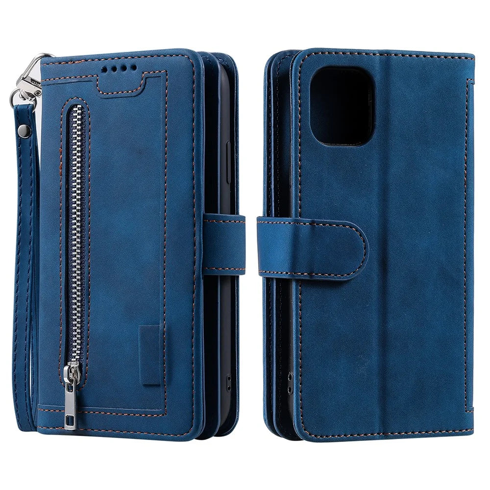9 Card Slots Design Leather Wallet Stand Phone Case Shell with Wrist Strap for iPhone 13 mini 5.4 inch - Blue - 1