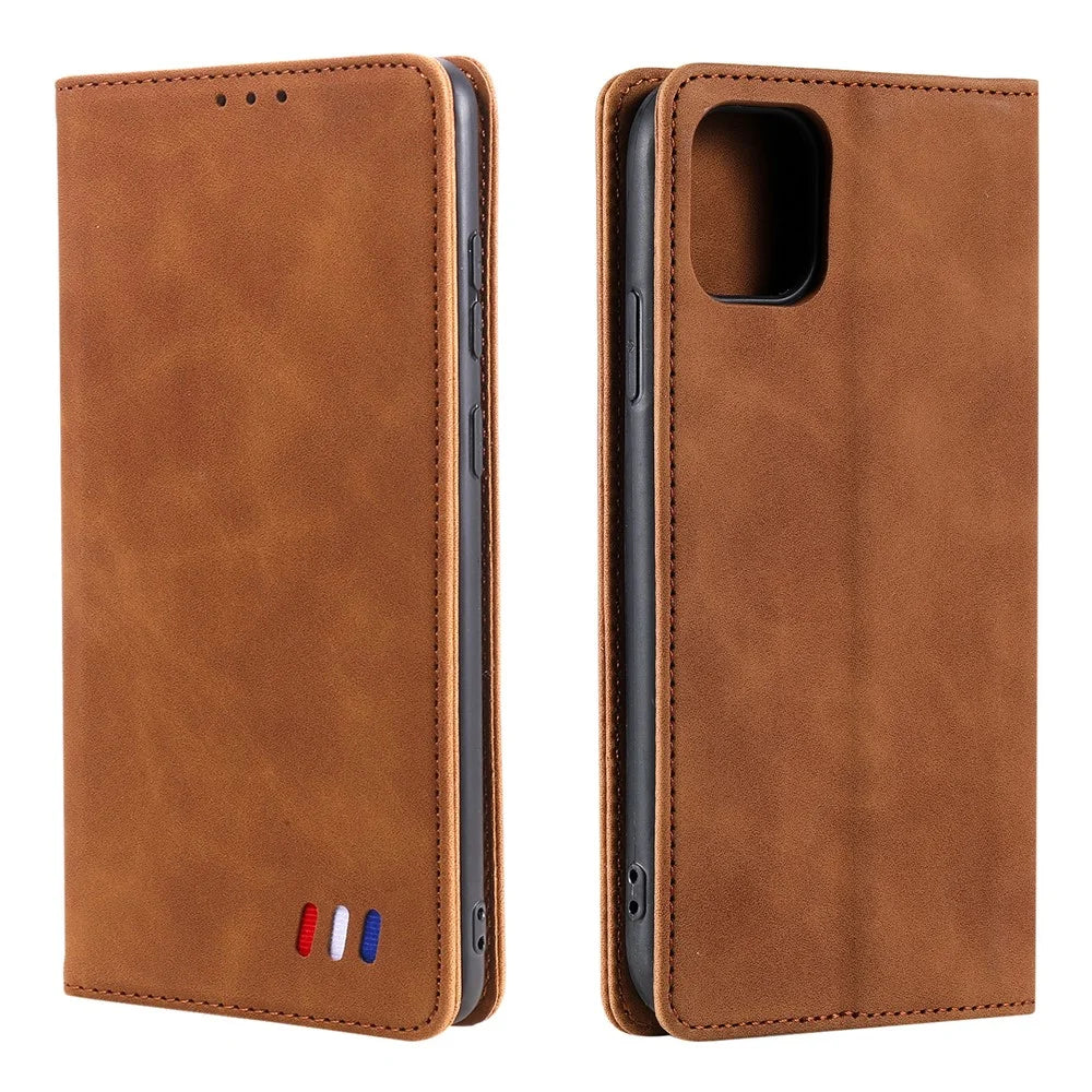 001 Series Auto-absorbed Skin-touch Feeling Leather Full-Protection Wallet Phone Case for iPhone 13 mini 5.4 inch - Brown - 1