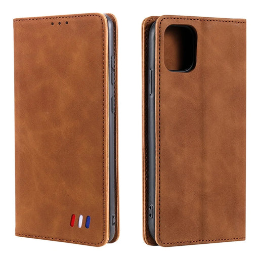 001 Series Auto-absorbed Skin-touch Feeling Leather Full-Protection Wallet Phone Case for iPhone 13 mini 5.4 inch - Brown - 1