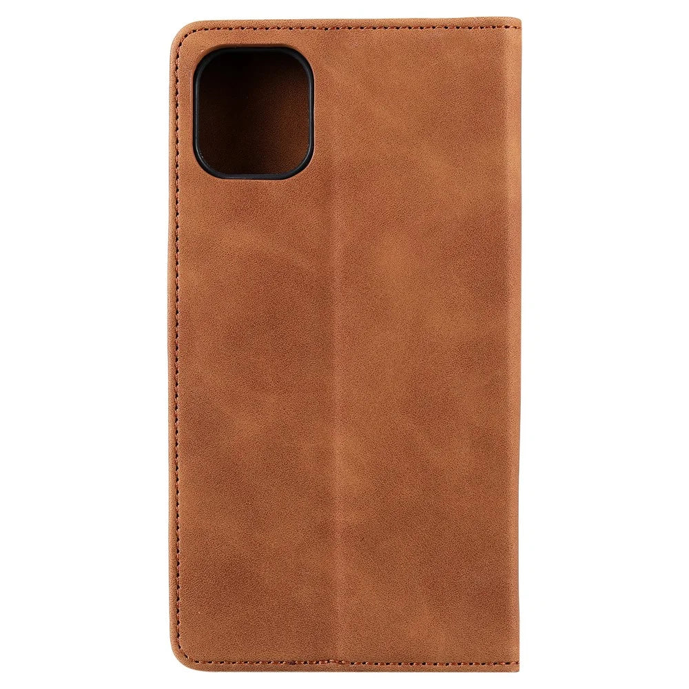 001 Series Auto-absorbed Skin-touch Feeling Leather Full-Protection Wallet Phone Case for iPhone 13 mini 5.4 inch - Brown - 3