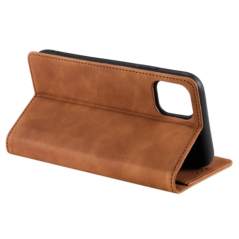 001 Series Auto-absorbed Skin-touch Feeling Leather Full-Protection Wallet Phone Case for iPhone 13 mini 5.4 inch - Brown - 5