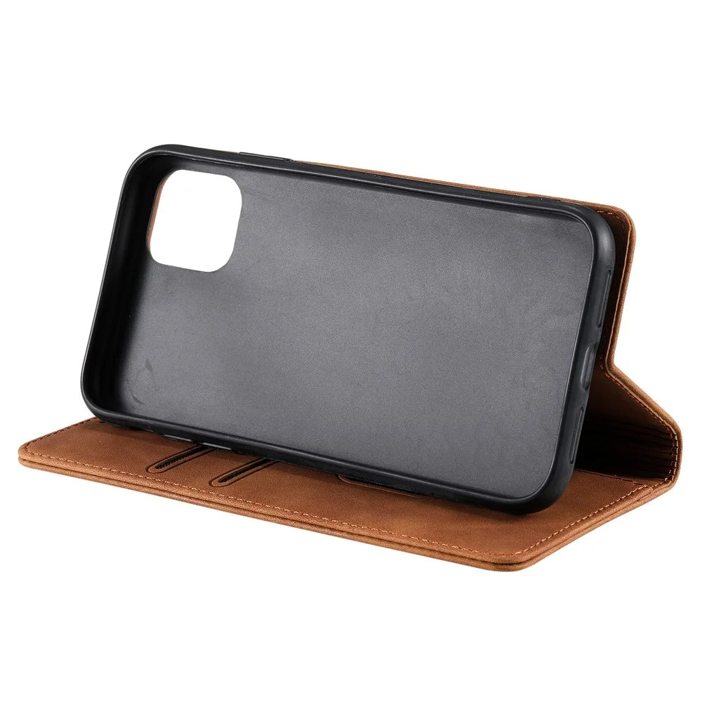 001 Series Auto-absorbed Skin-touch Feeling Leather Full-Protection Wallet Phone Case for iPhone 13 mini 5.4 inch - Brown - 6