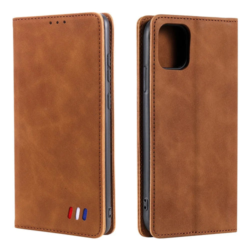 001 Series Auto-absorbed Skin-touch Feeling Leather Full-Protection Phone Case with Stand Design for iPhone 13 Pro 6.1 inch - Brown - 1