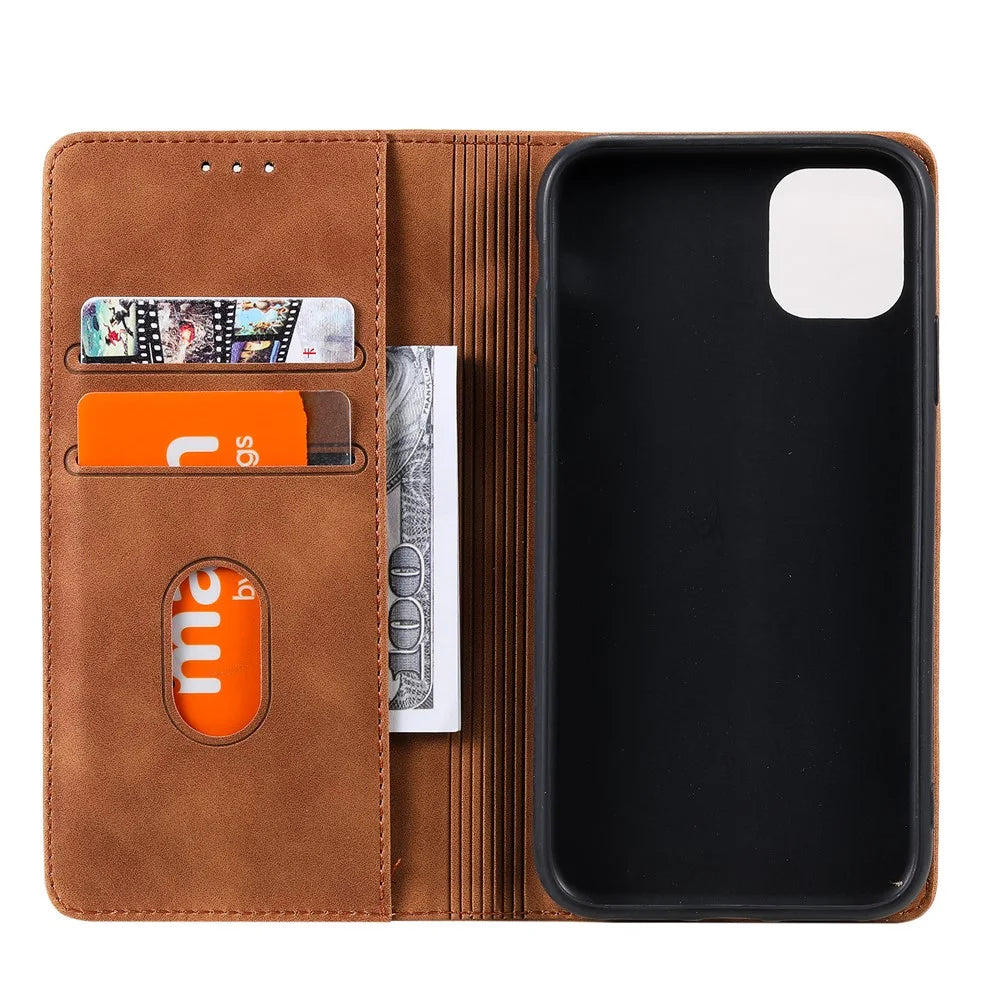 001 Series Auto-absorbed Skin-touch Feeling Leather Full-Protection Phone Case with Stand Design for iPhone 13 Pro 6.1 inch - Brown - 4