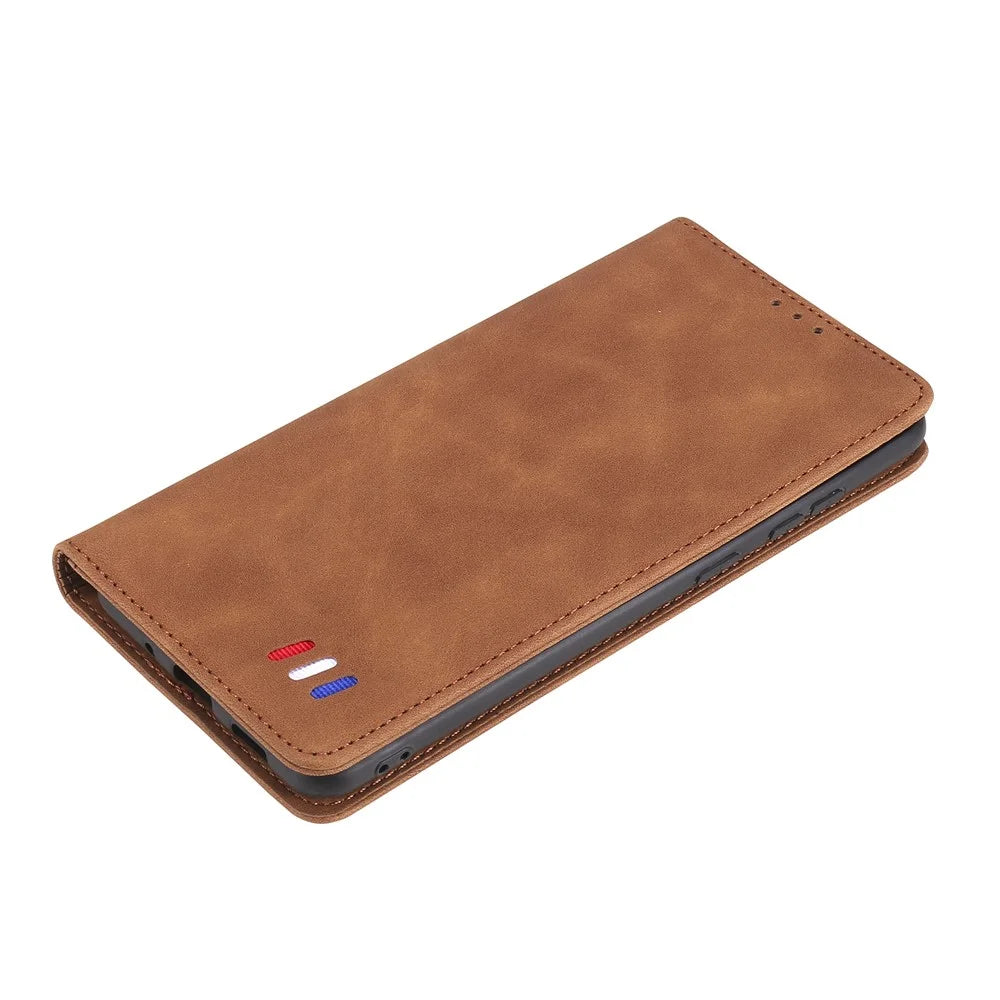 001 Series Auto-absorbed Skin-touch Feeling Leather Full-Protection Phone Case with Stand Design for iPhone 13 Pro 6.1 inch - Brown - 7
