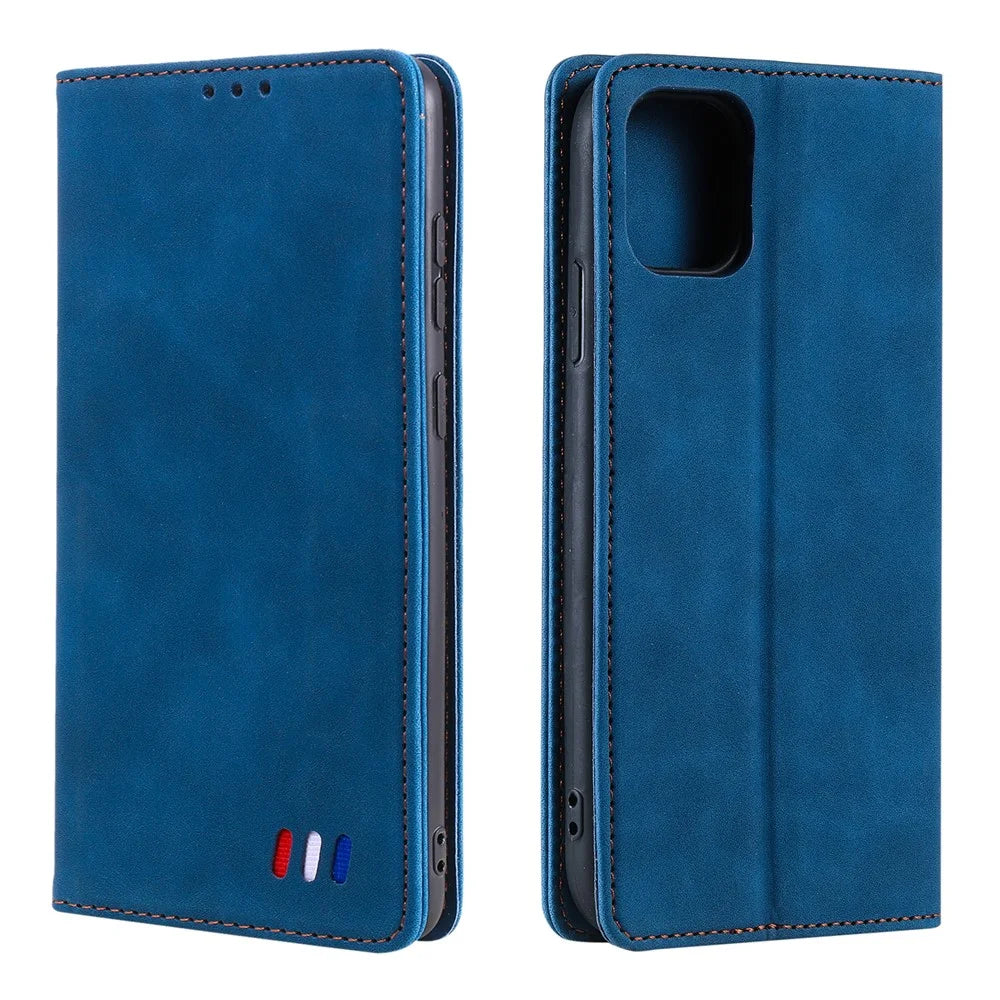 001 Series Auto-absorbed Skin-touch Feeling Leather Well-protected Wallet Phone Case for iPhone 13 6.1 inch - Blue - 1