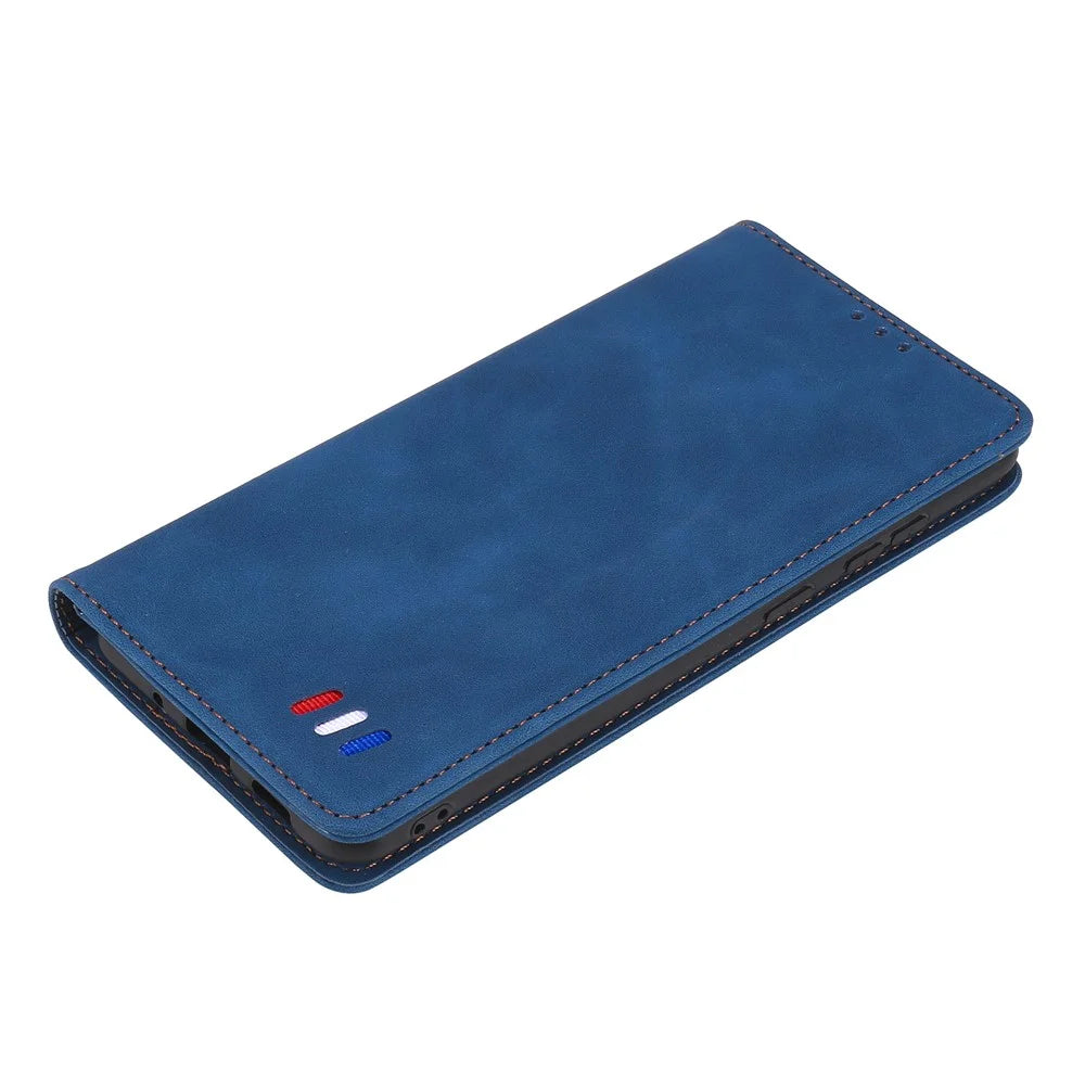 001 Series Auto-absorbed Skin-touch Feeling Leather Well-protected Wallet Phone Case for iPhone 13 6.1 inch - Blue - 7