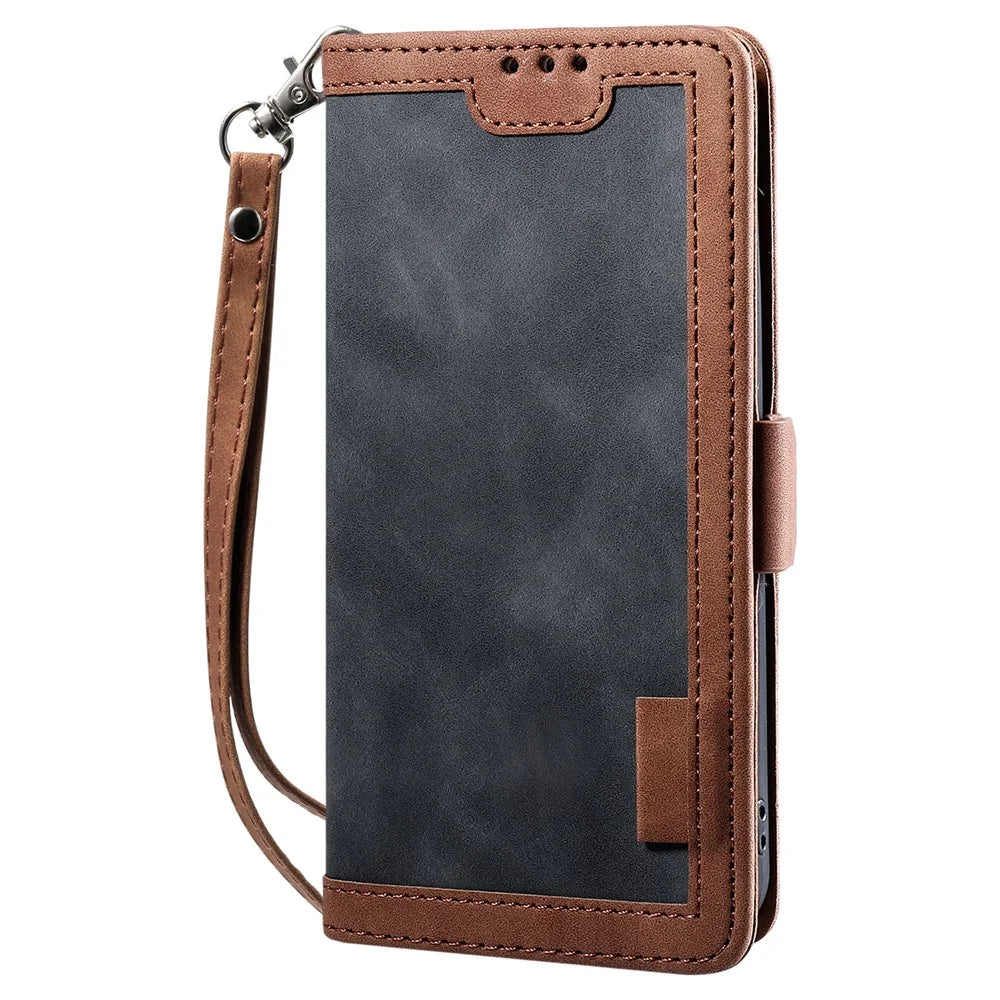 Retro Style Full Protection Splicing Leather Phone Case with Card Slots and Photo Slot for iPhone 13 6.1 inch - Grey - 3