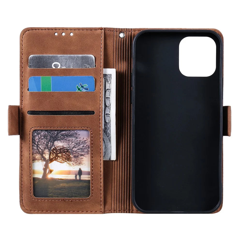 Retro Style Full Protection Splicing Leather Phone Case with Card Slots and Photo Slot for iPhone 13 6.1 inch - Grey - 5