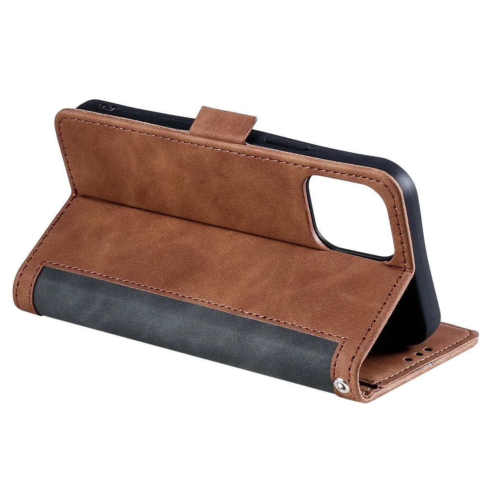 Retro Style Full Protection Splicing Leather Phone Case with Card Slots and Photo Slot for iPhone 13 6.1 inch - Grey - 6