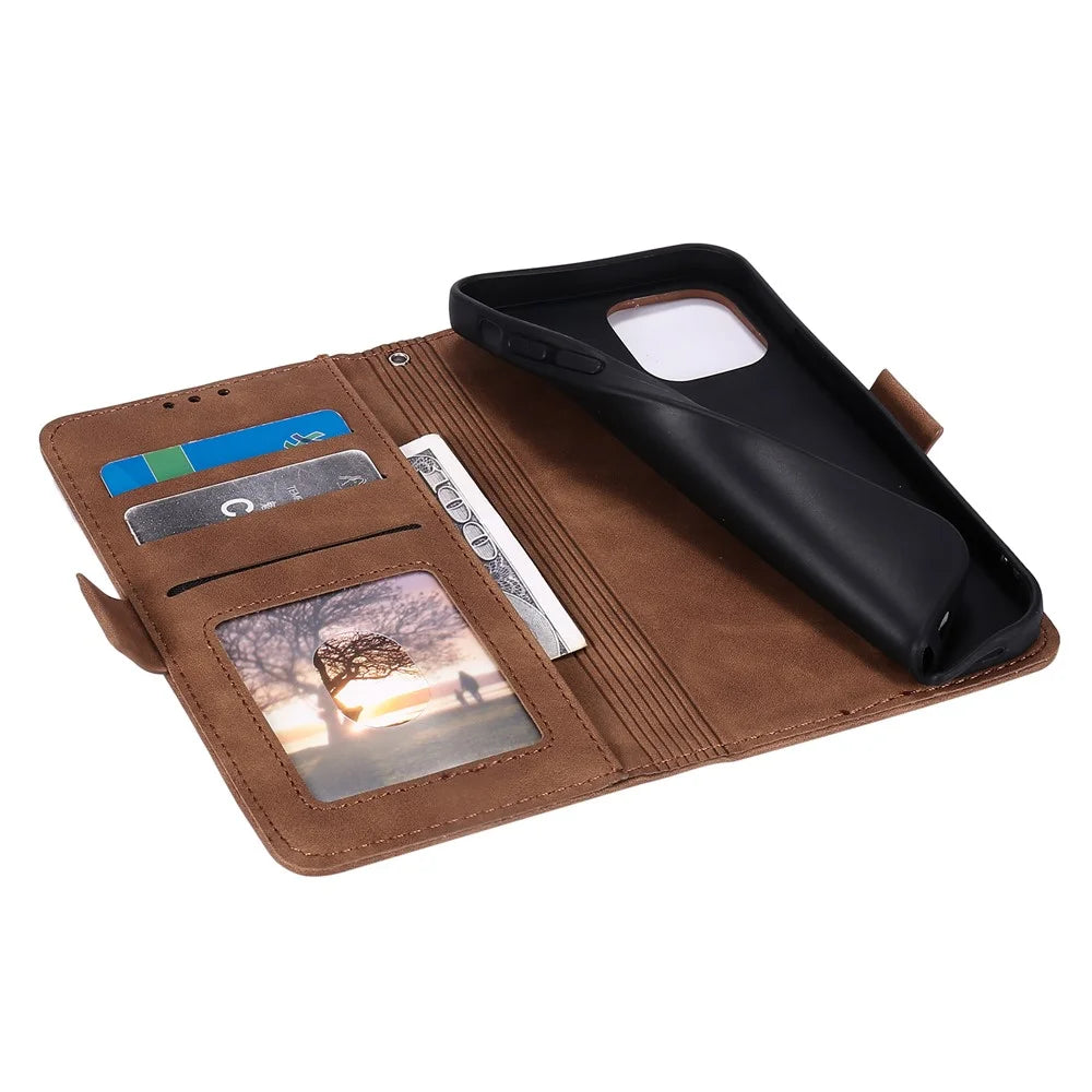 Retro Style Full Protection Splicing Leather Phone Case with Card Slots and Photo Slot for iPhone 13 6.1 inch - Grey - 7