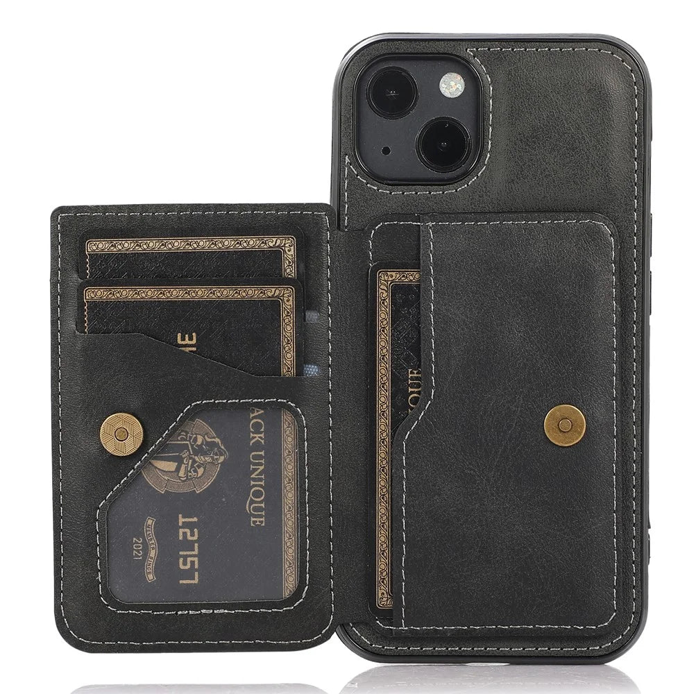 Stylish Card Holders PU Leather Hybrid Phone Shell [Built-In Magnetic Metal Sheet] for iPhone 13 6.1 inch - Black - 1