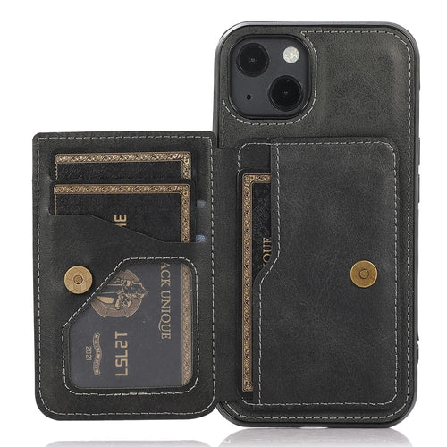 Stylish Card Holders PU Leather Hybrid Phone Shell [Built-In Magnetic Metal Sheet] for iPhone 13 6.1 inch - Black - 1