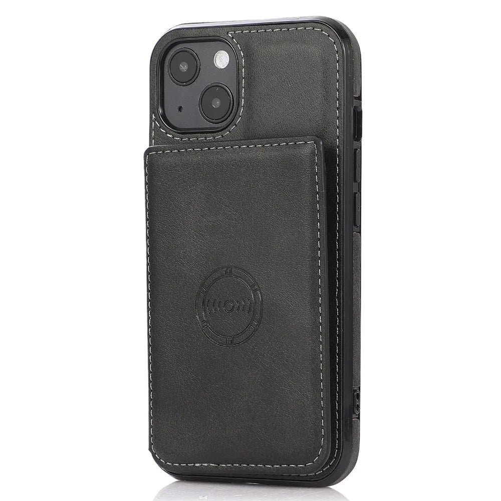 Stylish Card Holders PU Leather Hybrid Phone Shell [Built-In Magnetic Metal Sheet] for iPhone 13 6.1 inch - Black - 2