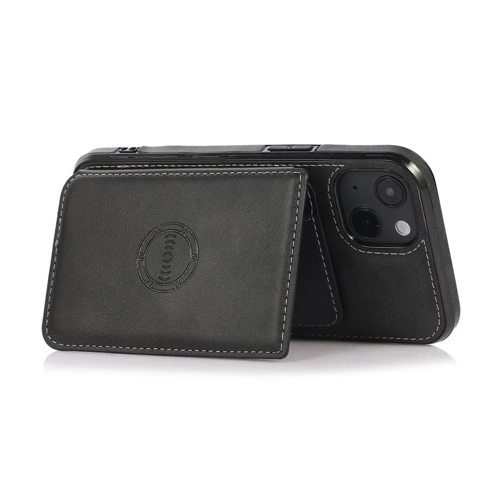 Stylish Card Holders PU Leather Hybrid Phone Shell [Built-In Magnetic Metal Sheet] for iPhone 13 6.1 inch - Black - 4