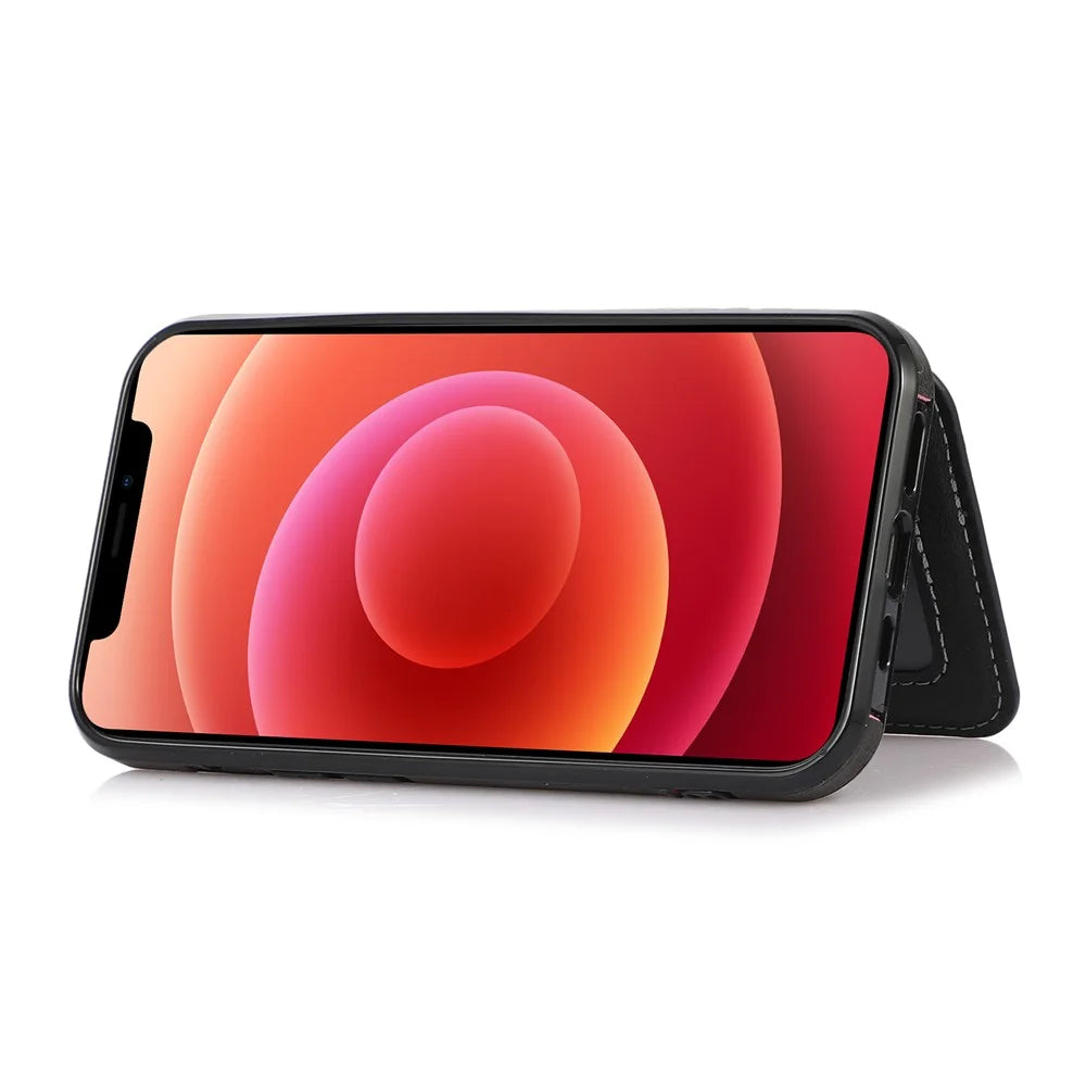 Stylish Card Holders PU Leather Hybrid Phone Shell [Built-In Magnetic Metal Sheet] for iPhone 13 6.1 inch - Black - 5