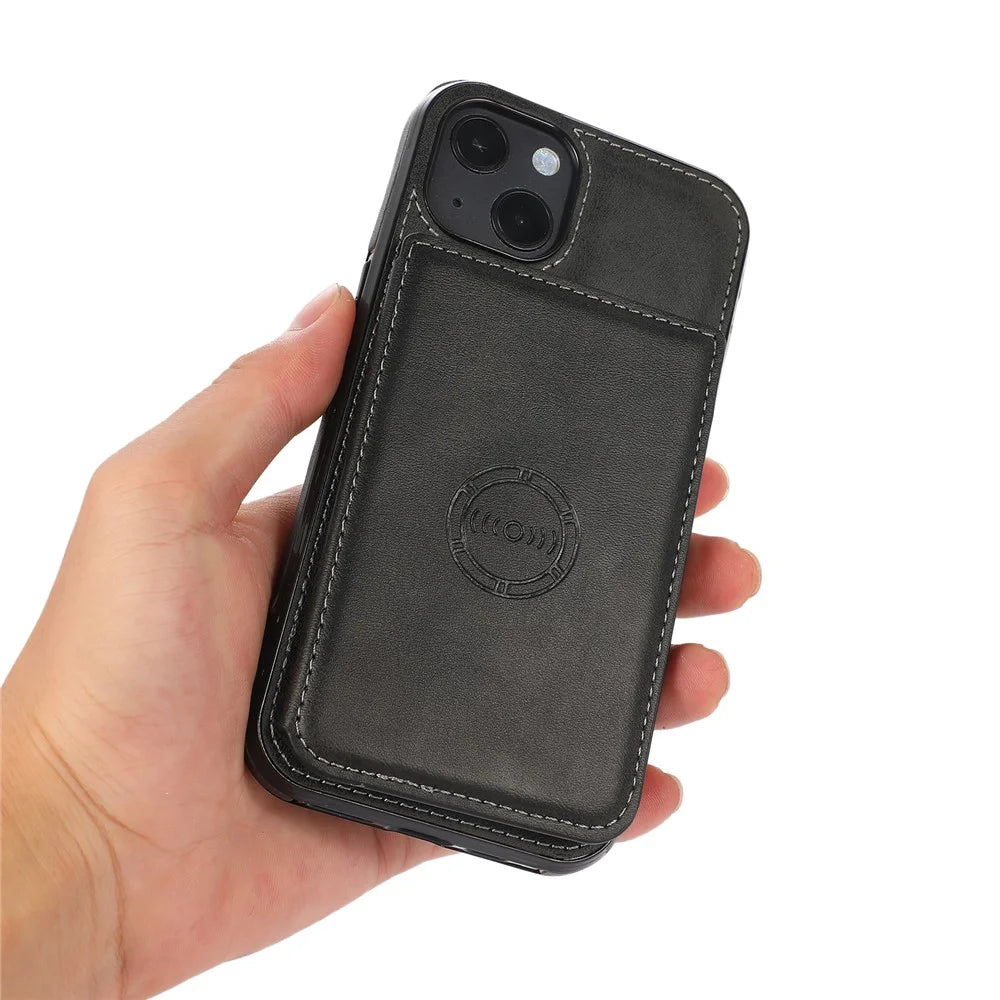 Stylish Card Holders PU Leather Hybrid Phone Shell [Built-In Magnetic Metal Sheet] for iPhone 13 6.1 inch - Black - 6