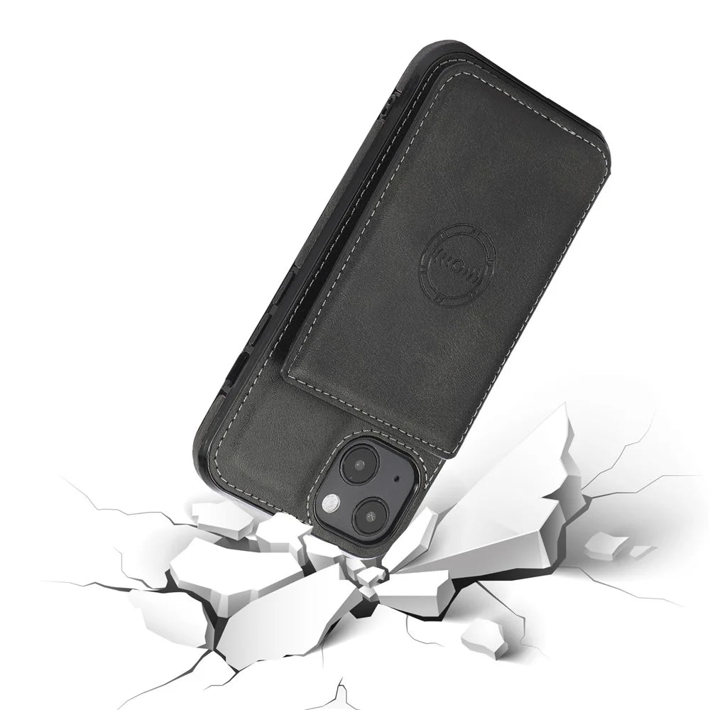 Stylish Card Holders PU Leather Hybrid Phone Shell [Built-In Magnetic Metal Sheet] for iPhone 13 6.1 inch - Black - 7