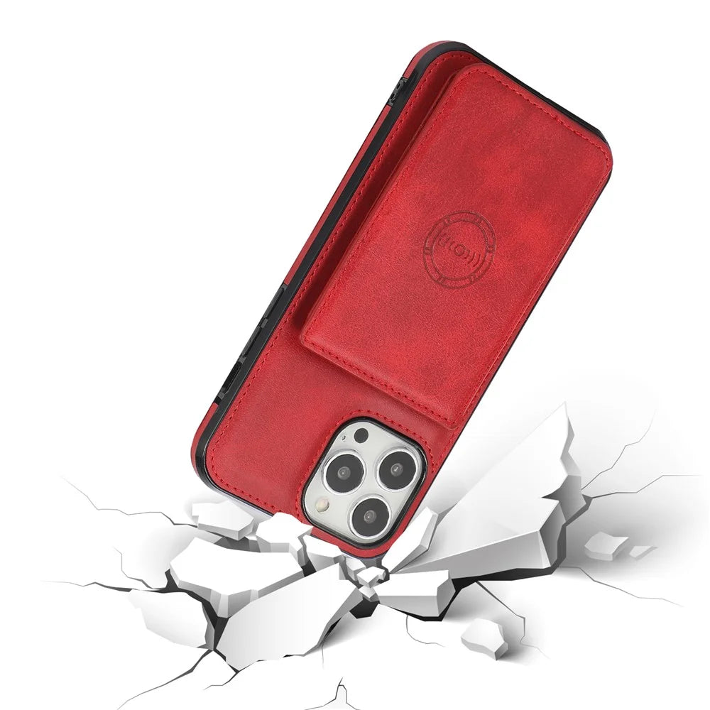 Anti-Drop Card Holders PU Leather Coated PC TPU Hybrid Shell [Built-In Magnetic Metal Sheet] for iPhone 13 Pro 6.1 inch - Red - 2