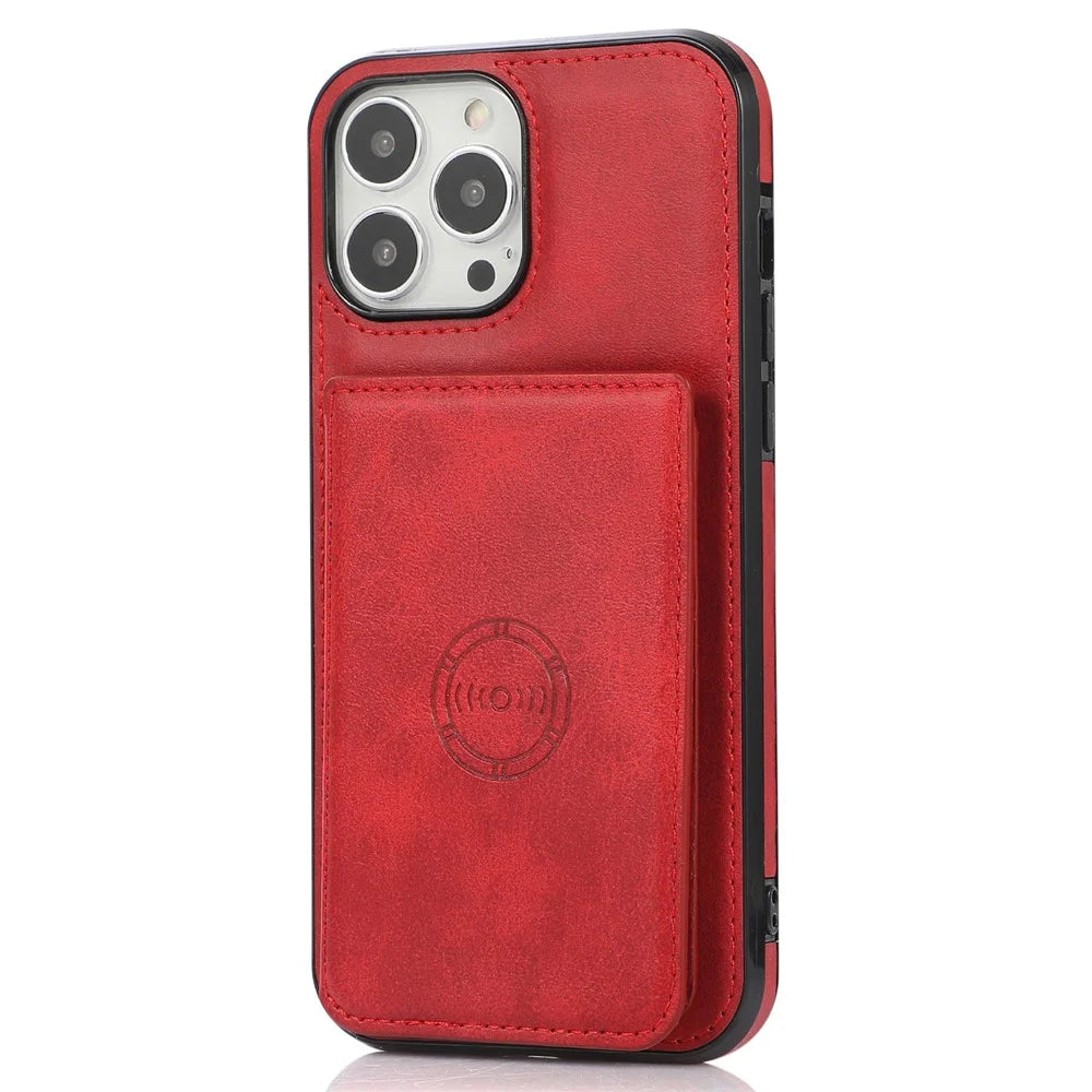 Anti-Drop Card Holders PU Leather Coated PC TPU Hybrid Shell [Built-In Magnetic Metal Sheet] for iPhone 13 Pro 6.1 inch - Red - 3