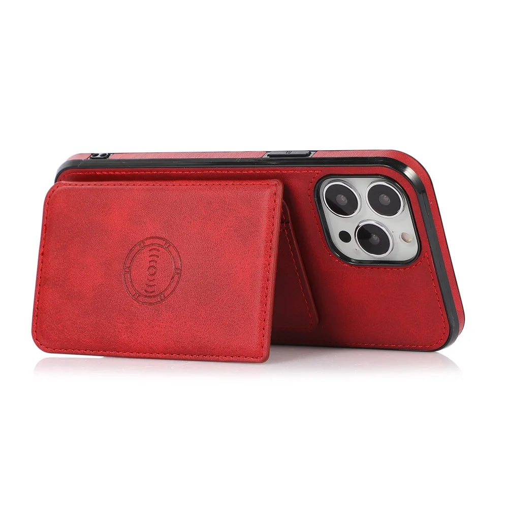 Anti-Drop Card Holders PU Leather Coated PC TPU Hybrid Shell [Built-In Magnetic Metal Sheet] for iPhone 13 Pro 6.1 inch - Red - 5