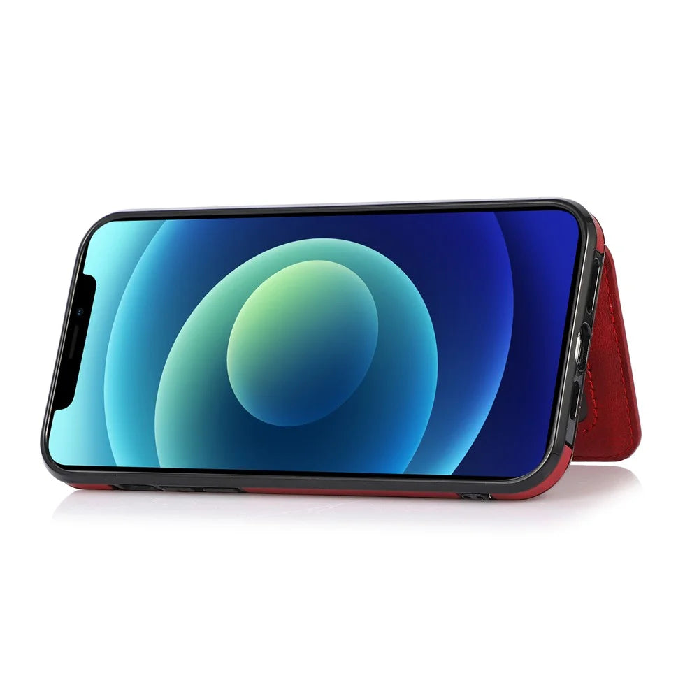 Anti-Drop Card Holders PU Leather Coated PC TPU Hybrid Shell [Built-In Magnetic Metal Sheet] for iPhone 13 Pro 6.1 inch - Red - 6
