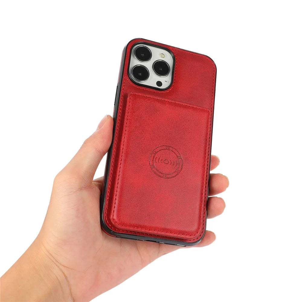 Anti-Drop Card Holders PU Leather Coated PC TPU Hybrid Shell [Built-In Magnetic Metal Sheet] for iPhone 13 Pro 6.1 inch - Red - 7