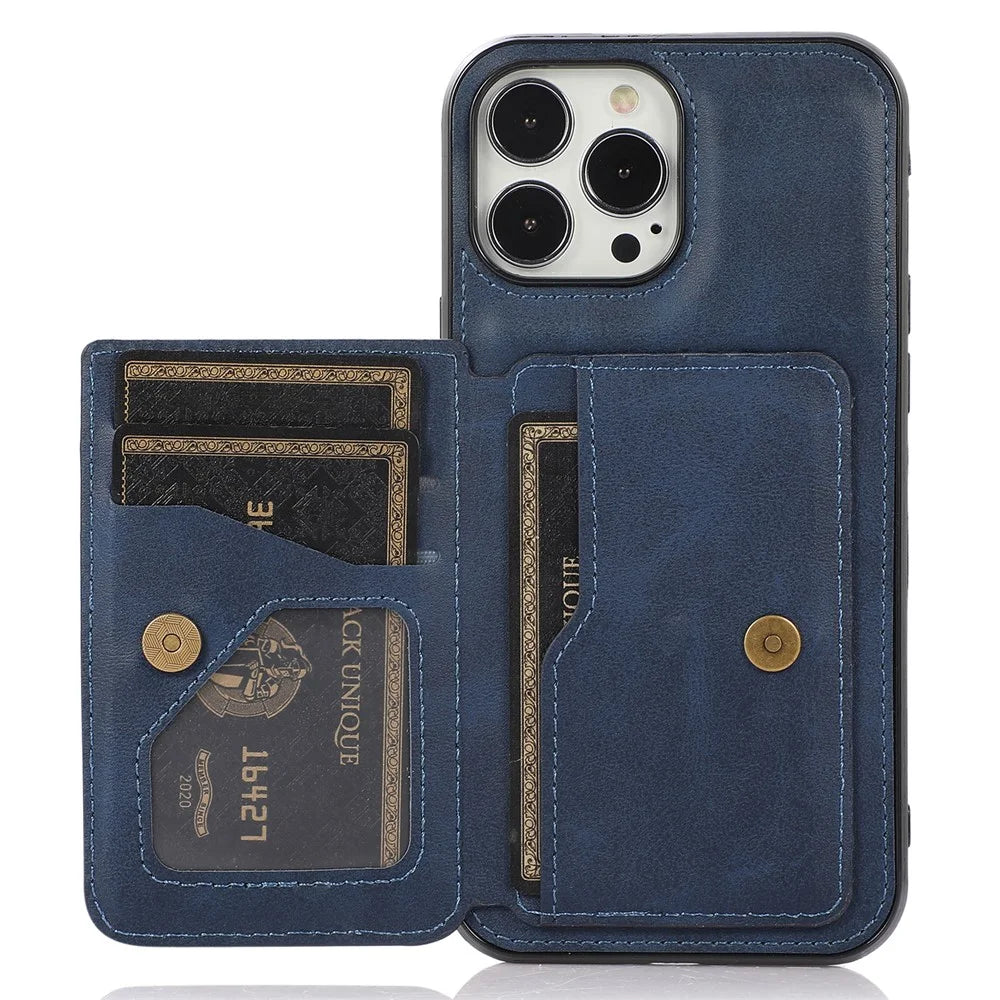 Well-Protected Card Holders PU Leather Coated PC TPU Hybrid Shell [Built-In Magnetic Metal Sheet] for iPhone 13 Pro Max 6.7 inch - Blue - 1